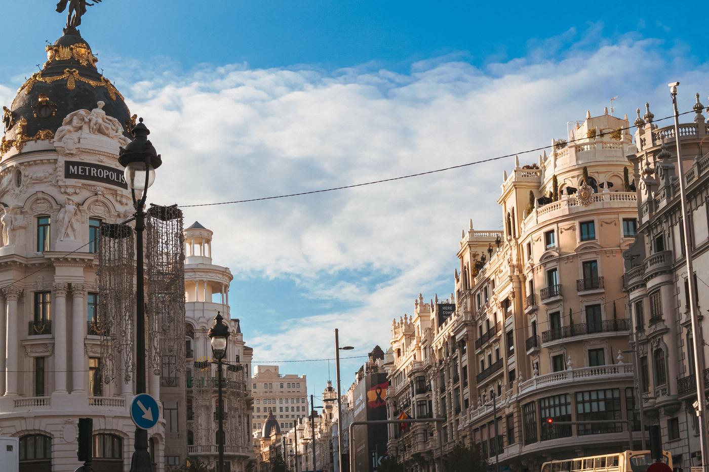 Gran Vía in Madrid near Callao, with the Metrópolis building